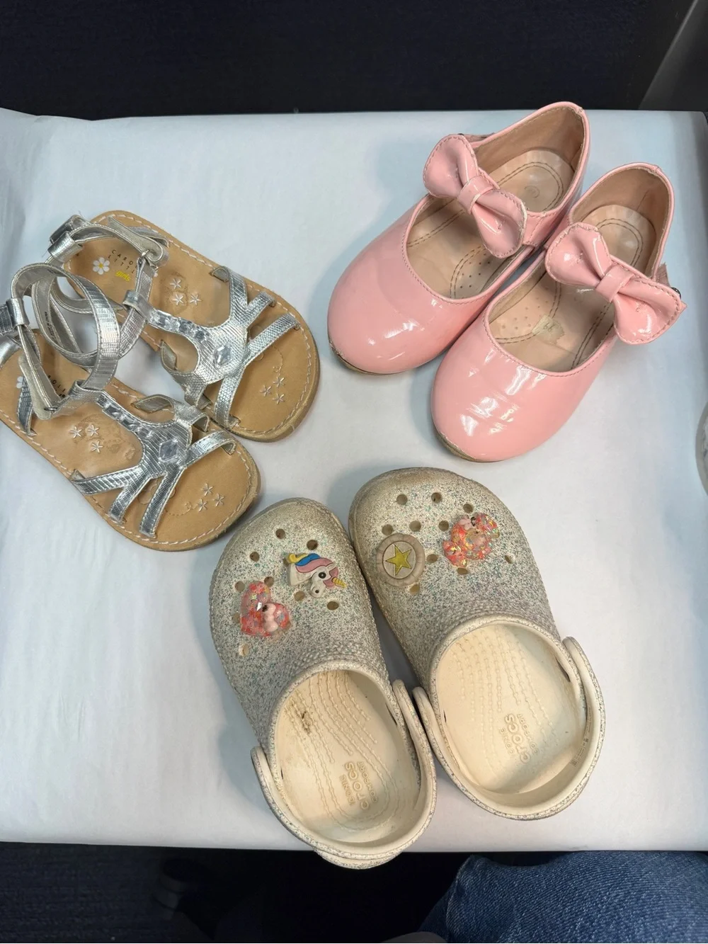 CROCS Kids Glitter Silver Clogs, Silver Sandals & Pink Mary Janes Set
